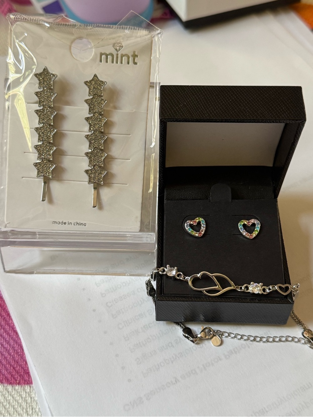 3 PC Bundle,  star Crystal hair pins, Heart Stud Earrings & Heart Bracelet NEW